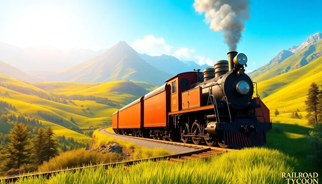 Experience the thrill of the railroad tycoon download game with a vibrant locomotive in motion.