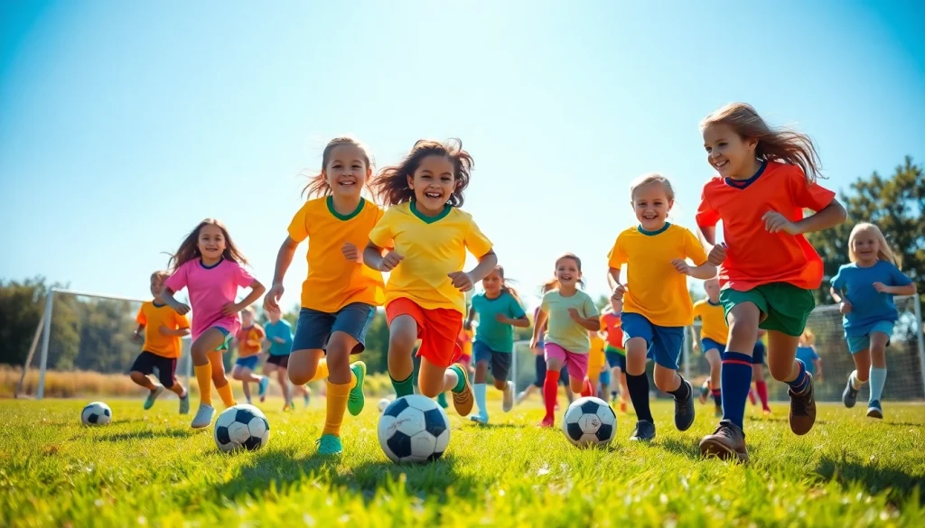 Children joyfully playing football in vibrant Kids Football Kits on a sunny field.