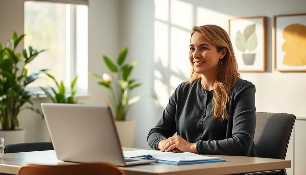 Engaging relationship coach leading a session with a couple in a beautifully lit office.