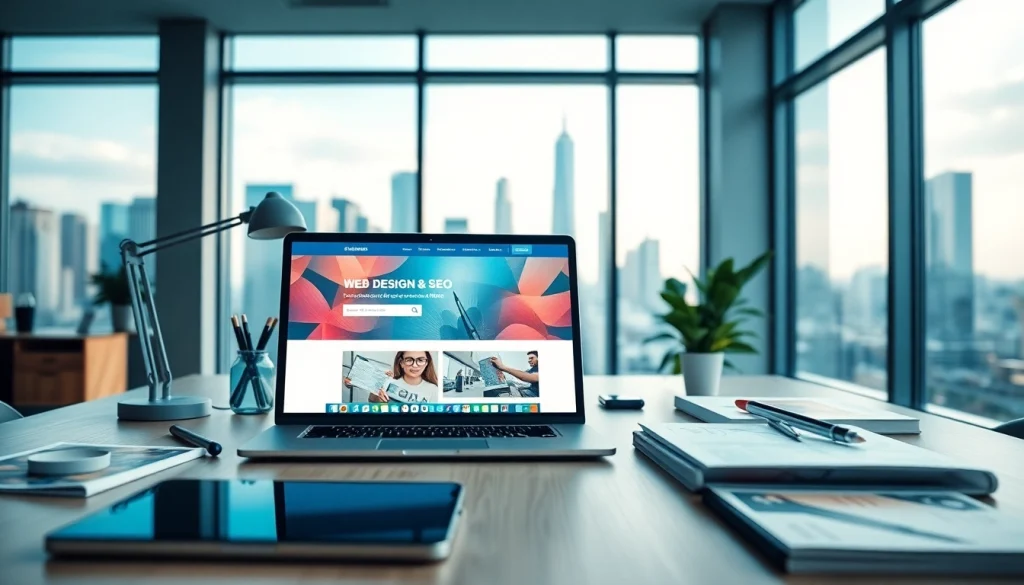 Showcase of web design and seo services in a modern digital workspace emphasizing creativity and organization.