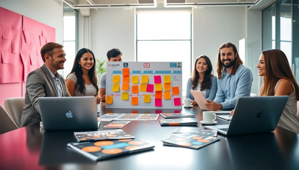 Event planning company Singapore team collaborating in a modern office setting with colorful creativity.