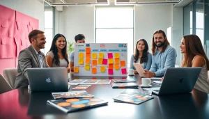 Event planning company Singapore team collaborating in a modern office setting with colorful creativity.