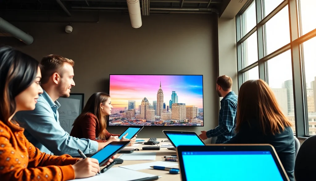 Kansas City web design company team working collaboratively at a modern office, showcasing creativity.