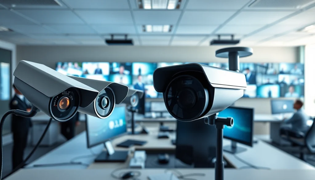 CCTV & Remote Monitoring Birmingham with a professional camera setup and security personnel monitoring live feeds.