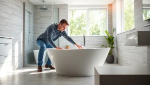 Bathroom install Bristol showcasing a professional contractor fitting a stylish bathtub in a modern setting.
