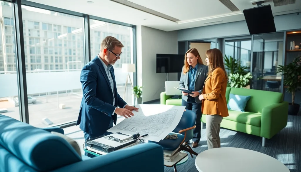 Consultants discussing acoustic solutions at https://www.polarisacoustics.com in a modern office environment.