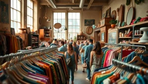 Shoppers enjoying a vibrant second hand store Copenhagen experience filled with vintage clothing and accessories.