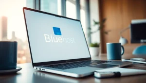 Showcase Bluehost logo on a modern laptop in a professional workspace, emphasizing web hosting.