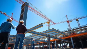Workers performing structural steel installation, showcasing teamwork and precision in a construction environment.