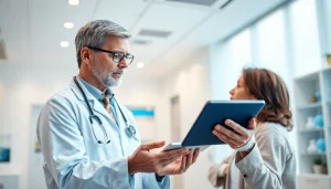 Engaging scene of a doctor integrating eprescription apps with a patient in a modern clinic.